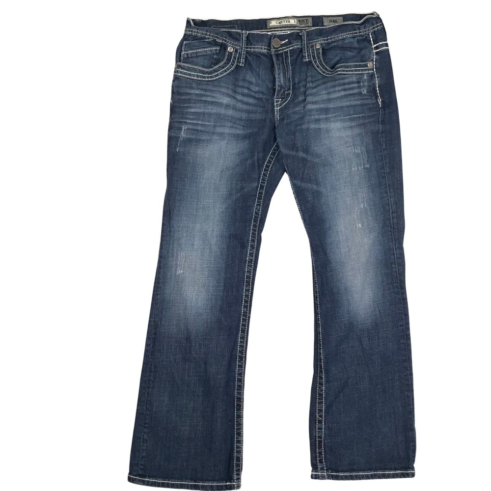 BKE Carter Jeans Mens 34S Blue‎ Distressed Contrast Stitch Straight Denim
